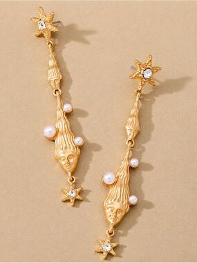 Ocean Goddess Pearl Starfish Drop Earrings | Celestial Face Statement